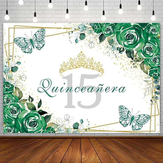 SENDY 8x6ft Quinceañera Backdrop Mis Quince 15 Anos Birthday Party Decorations Supplies for Girl Princess Green Floral Butterfly Gold Crown Photography Background Banner Photo Booth Studio Props