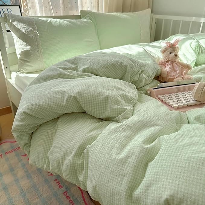 LifeTB Green Gingham Duvet Cover Twin XL 3 Pieces Romantic Lace Duvet Cover Soft Washed Microfiber Green Grid Plaid Comforter Cover with 2 Pillowcases Farmhouse Checkered Gingham Bedding Set