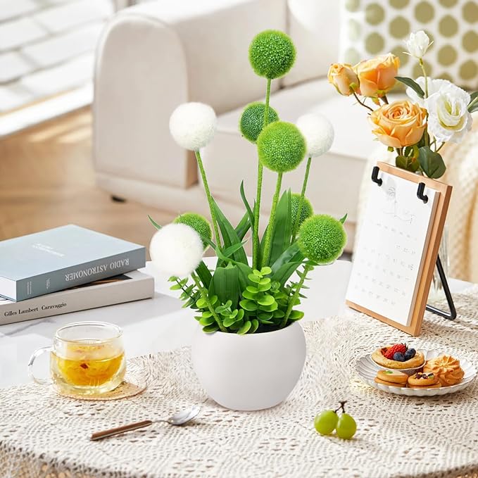 KTSOLRA Pom Pom Balls for Aesthetic Room Decor, Faux Flowers for Vase, Green Cream Neutral Floral Arrangements Centerpiece