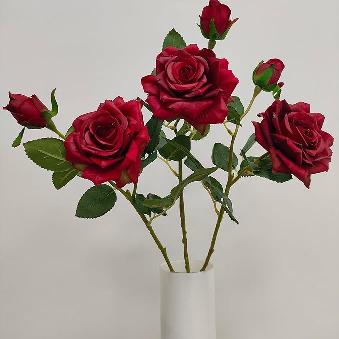 ATFL Fake Red Roses Flowers, 6 Pcs Faux Silk Real Touch Moisturizing Artificial Rose Flowers for Decoration DIY Wedding Party Home Office Decoration and Dining Table Centerpiece (6, red)