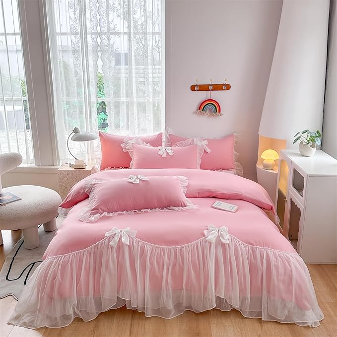 Girls Lace Bedding,Twin Comforter Cover Set, Chic Ruffled Duvet Cover with Lovely Bow,Princess Style 1 Duvet Cover with 1 Pillowcases, No Comforter-Bright Pink,Twin Size
