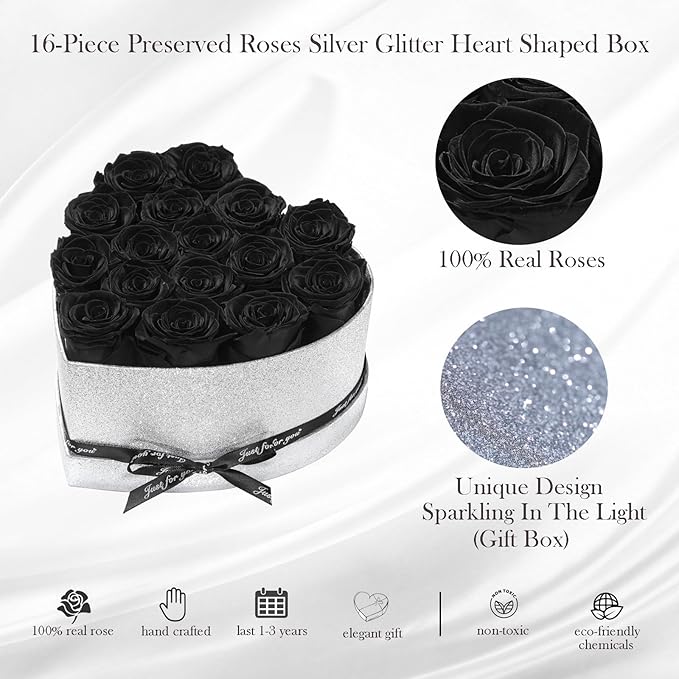 Flowers for Delivery-16 Black Forever Real Roses in a Box, Preserved Rose Gifts for Her, Birthday Anniversary Mothers Day Valentines Day Flower Gifts for Women, Mom, Get Well, Sympathy