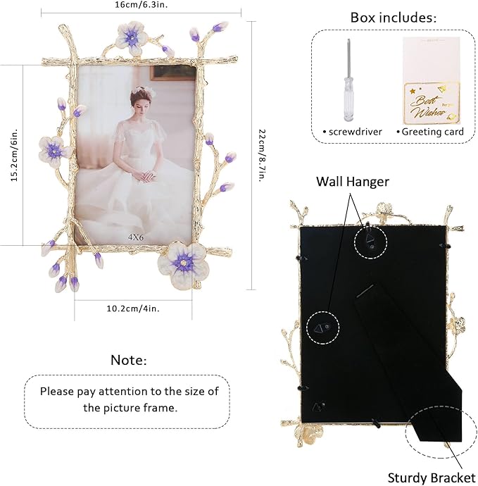 4x6 Purple Floral Picture Frame Vintage Gold Photo Frame with Glass Front, Ornate Antique Tabletop Art Desktop Home Office Decor Gold Metal Frame, Unique Gifts for Women Wedding Mothers Day