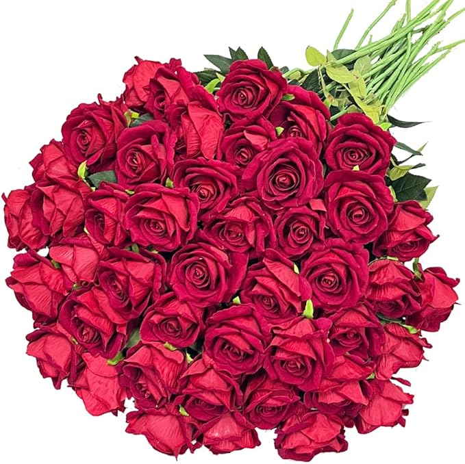 Jasion 50PCS Artificial Roses 4.14'' Realistic Velvet Large Flowers Long Stem Faux Flowers Bouquet for Wedding Home Party Table Centerpieces Decorations (Red)