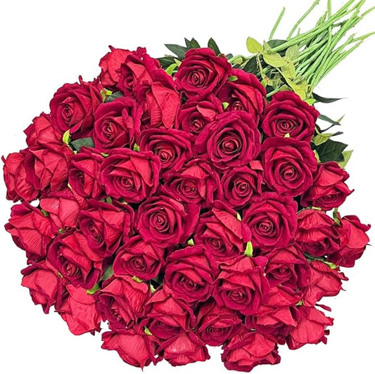 Jasion 50PCS Artificial Roses 4.14'' Realistic Velvet Large Flowers Long Stem Faux Flowers Bouquet for Wedding Home Party Table Centerpieces Decorations (Red)