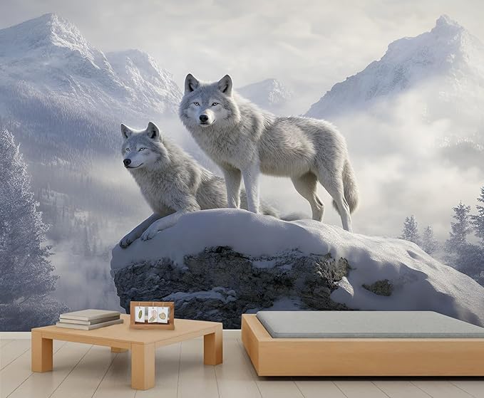 Arctic Wolves Wall Mural, Snow Wolves in Mountain 3D Wall Murals, Winter Wild Animal Wallpaper Mural, for Living Room Bedroom Large Wallpaper Indoor Decor 197" W x124.8 H