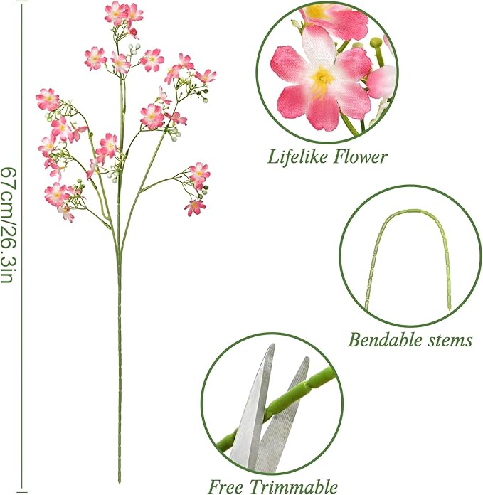 Artificial Flowers 8PCS Silk Flowers with Long Stems, Fake Flowers Bulk Fake Babys Breath, Pink Flowers for Tall Vase Outdoor Garden Wedding Party Home Table (Pink, 8PCS)
