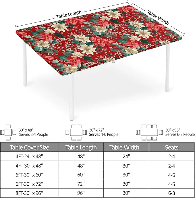 Rectangle Table Cloth Cover Waterproof Elastic Fitted Polyester Fitted Tablecloths for 6 Foot Tables for Indoor,Picnic, Camping, Outdoor （60" x 30"，Christmas Flowers）