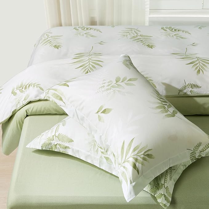 SAPHREAS Tropical Leaf Pattern Duvet Cover Set King Size 3pcs Green Leaves Botanical Bedding Comforter Cover Set Cotton Soft Breathable 1 Duvet Cover 2 Pillow Shams, Comforter Not Included