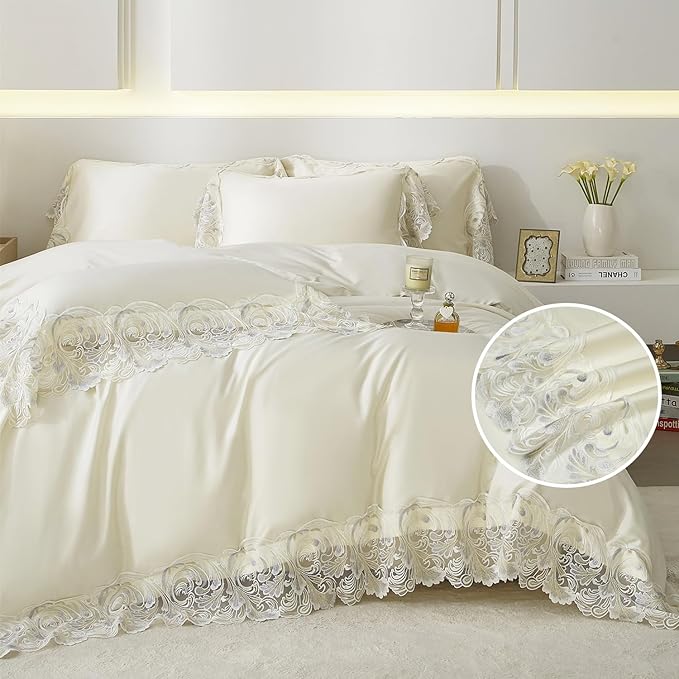 mixinni Luxury Satin Duvet Cover Set with Embroidery Lace, Silky Soft Bedding Set (1 Duvet Cover + 2 Pillowcases), Cream White - Elegant Bedroom Comforter Cover, Vintage Royal Style-King Size