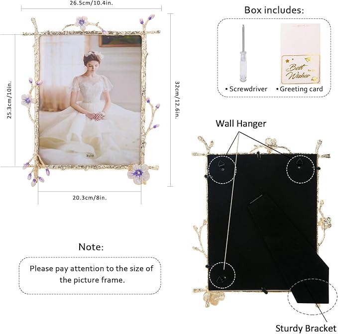 8x10 Purple Floral Picture Frame Vintage Gold Photo Frame with Glass Front, Ornate Antique Tabletop Art Desktop Home Office Decor Gold Metal Frame, Unique Gifts for Women Wedding Mothers Day