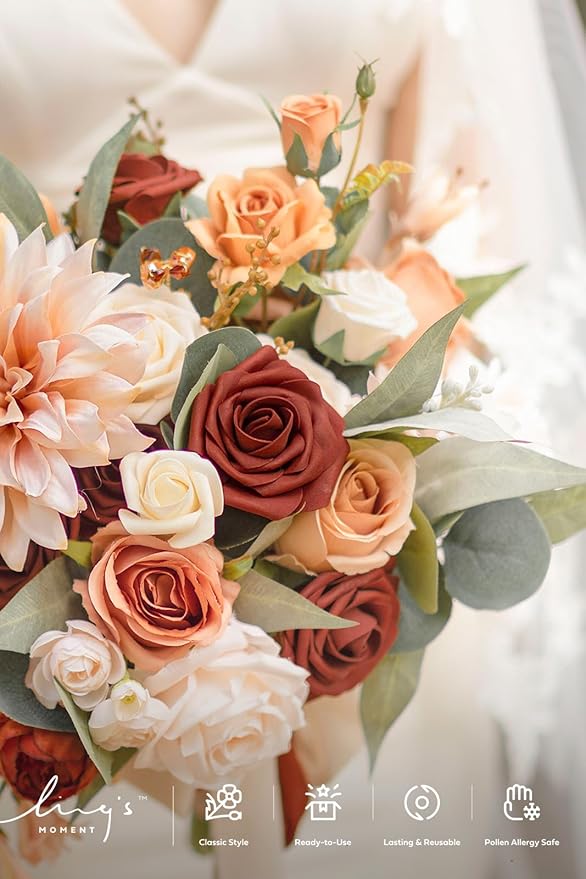 Ling's moment Artificial Flowers, 25Pcs 3" Roses in Amber Shades, Realistic DIY Foam Floral Decor for Wedding Bouquets/Centerpieces, Outdoor Party Backdrops, Room/Table, and Garden/Pot Decorations