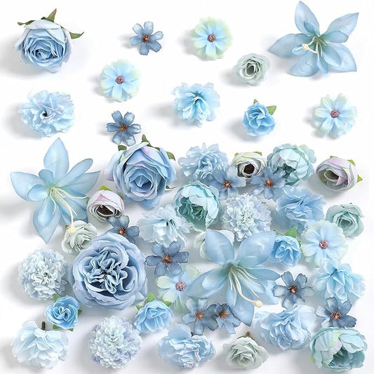 Fake Flower Heads for Crafts - Blue Silk Artificial Roses, Peonies, Daisies & Mini Floral Heads Bulk (48-Pack) for Wedding Decor, Graduation Cap, Cake Topper, Baby Shower, Home Decoration