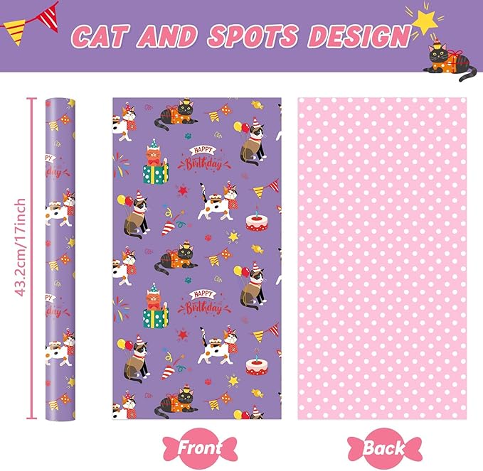 WERNNSAI Cat Birthday Wrapping Paper Roll - 1 Roll 17”x 66 ft Cat Gift Wrapping Paper Pink Purple Reversible Wrapping Paper for Girls Kids Birthday Party Gift Wrap with Polka Dot Design