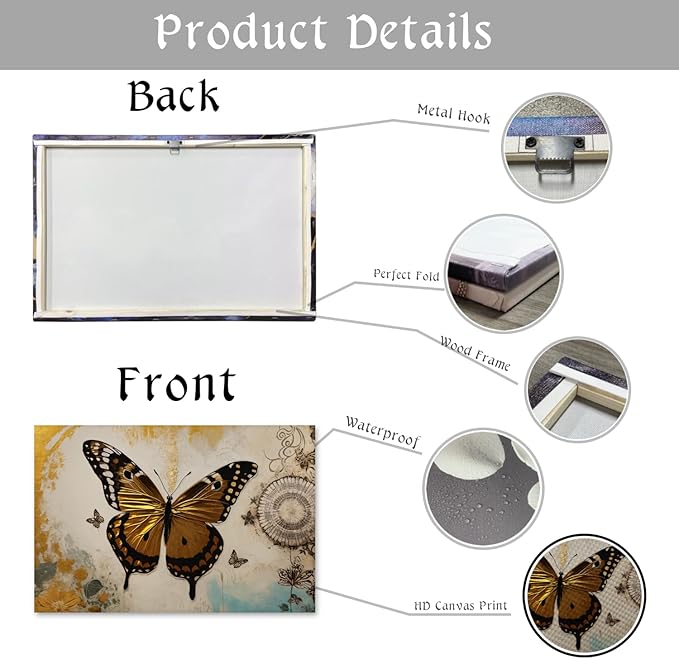 KPLUNDO Butterfly Wall Art Abstract Flower Picture Gray Gold Poster Vintage Painting Modern Artwork Home Decor for Living Room Bedroom Office Wall Decoration Ready to Hang(Art-3,28.00x42.00 inch)