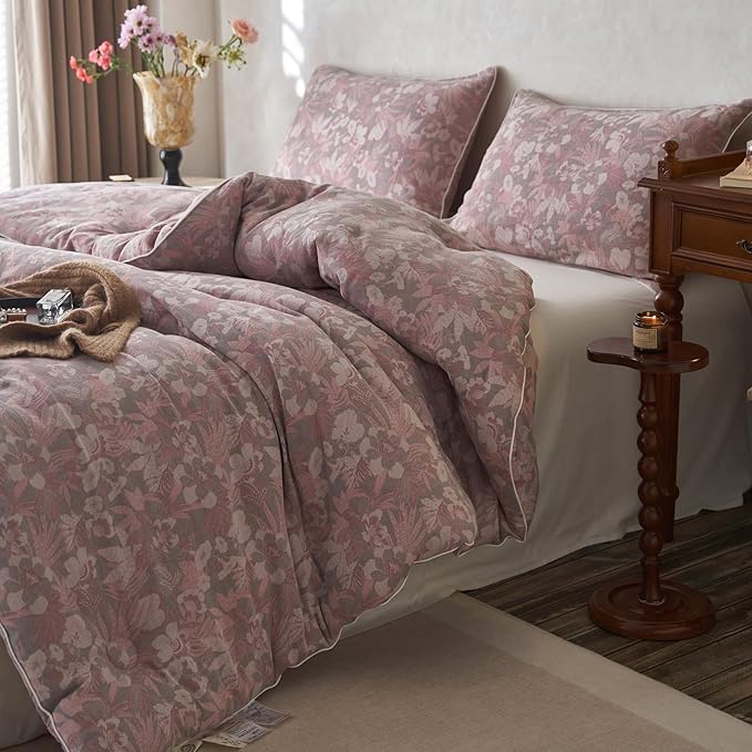 HighBuy Pink Floral Comforter Set Queen Boho Chic Muslin Cotton Bedding Comforter Sets Lightweight Soft & Warm Bed Comforter Queen with 2 Pillowcases for All Season