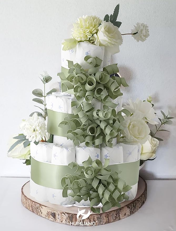 HUIHUANG Sage Green Bows for Gift Wrapping, Sage Curly Ribbon Bows Self Adhesive Burst Gift Bow for Presents, Wine Bottle, Treat Bags, Wrap Accessories, Bridal Shower Wedding Party Favor - 6 Counts