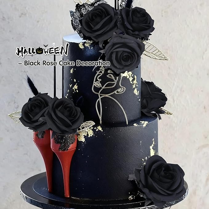 Felice Arts 12 Pack Black Roses Artificial Flowers with Black Stems Silk Roses Fake Flowers Bouquet for Halloween Centerpiece Table Vase Home Inddor Kitchen Party DIY Decor