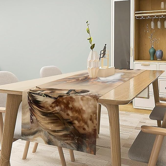 Marble Horse Table Runner, Dark Brown Marble Abstract Horse White Gold Natural Texture Dinner Runner Table Decoration for Home Kitchen Dining Holiday Party 13x70in