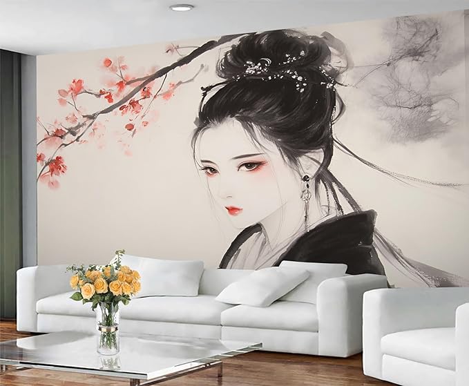 Asian Woman Wall Mural, Oriental Japanese Woman 3D Wall Murals, Ink Style Art Wallpaper Mural, for Living Room Bedroom Large Wallpaper Indoor Decor 177.16" W x120 H