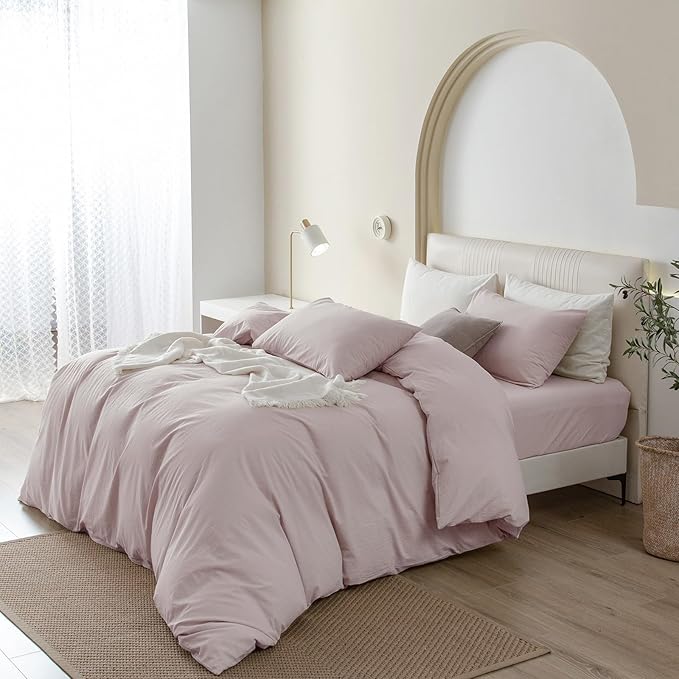 JIYUAN 100% Washed Cotton Duvet Cover Set 3 PCS Oversized Queen, 1 Duvet Cover 98"x98" (Comforter Not Included) and 2 Pillowcases,Linen Feel Bedding Set Comfy and Breathable, Heathered Greyish Pink