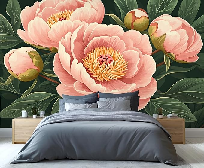 Peony Flower Wall Mural, Retro Pink Peony Flower 3D Wall Murals, Romantic Garden Theme Wallpaper Mural, for Living Room Bedroom Large Wallpaper Indoor Decor 157.5" W x110.3 H