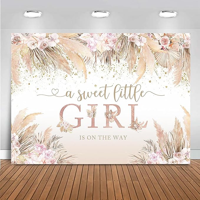 Mocsicka Boho Hello Baby Backdrop Boho Chic Pink Flowers Baby Shower Background Vinyl A Sweet Little Girl is on The Way Party Cake Table Decorations Photo Booth (10x7ft)