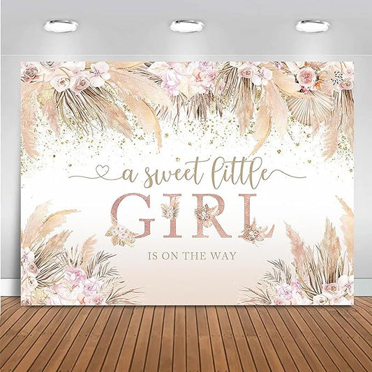 Mocsicka Boho Hello Baby Backdrop Boho Chic Pink Flowers Baby Shower Background Vinyl A Sweet Little Girl is on The Way Party Cake Table Decorations Photo Booth (10x7ft)