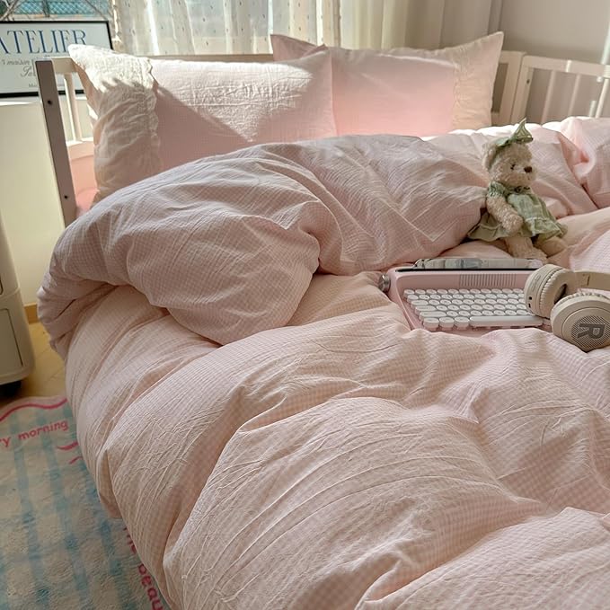 VM VOUGEMARKET Pink Gingham Comforter Set Queen 3 Pieces Lace Bedding Set Simple Cozy Plaid Checkered Comforter Quilt with 2 Lace Pillowcases for Girls Women