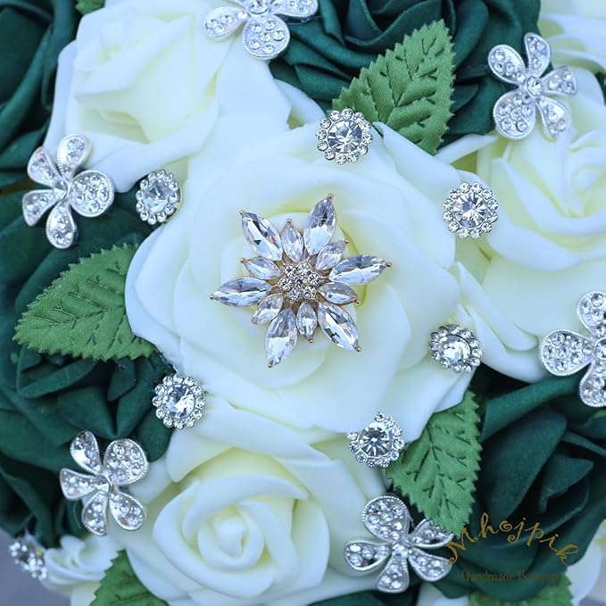 Lightweight Bridal Wedding Bouquet Round Holding Bouquet Throw Toss Artificial Rose Flower Bunch for Bride Bridesmaid Wedding Quinceanera (Cream & Dark Green, 6.7")