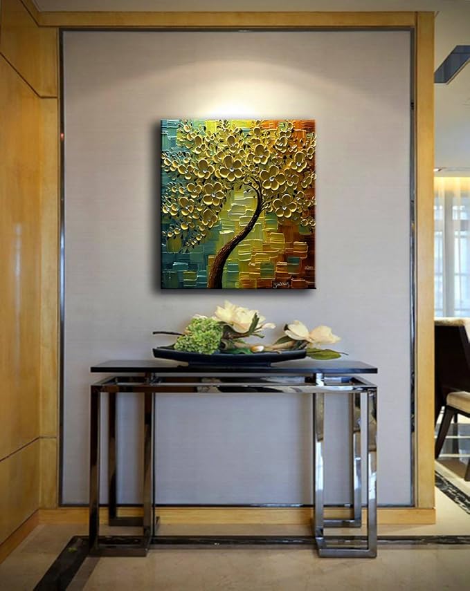 YaSheng Art - hand-painted Oil Painting On Canvas textured wall art golden Flowers Paintings Modern Home Decor Wall Art bedroom aesthetic Abstract Art picture Ready to hang 30x30inch