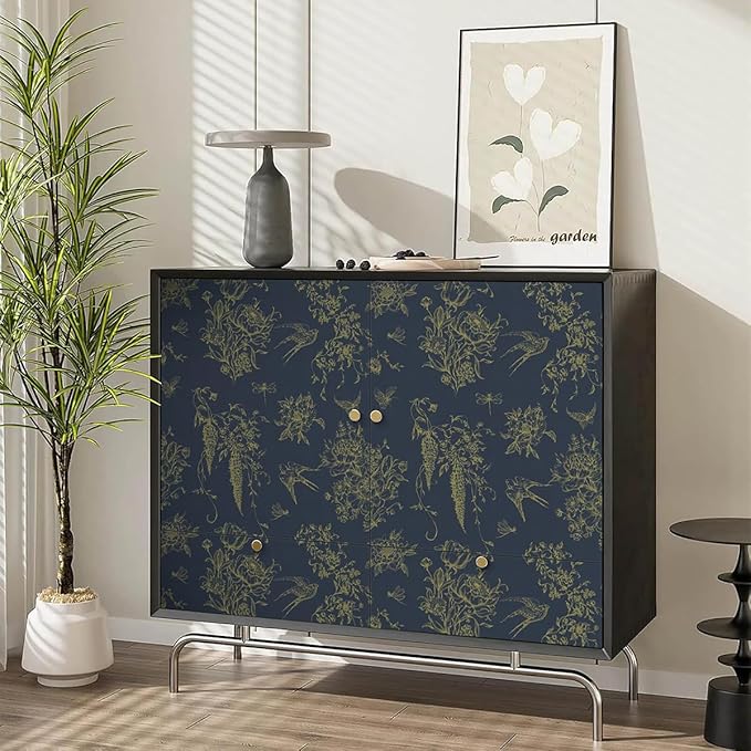 Floral Birds Wallpaper Peel and Stick Dark Blue Contact Paper 16.9”x 118.1” Vintage Floral Self Adhesive Removable Wallpaper Flower Birds Wall Paper for Bathroom Kitchen Decor Vinyl