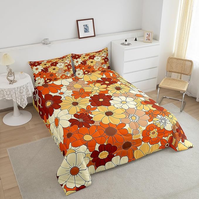 Castle Fairy Bohemian Flowers Comforter Set Twin Size,70s Vintage Floral Quilt Set for Kids Boys Bedroom Collection,Hippie Retro Groovy Botanical Polyester Bedding with 1 Pillowcase,2Pcs