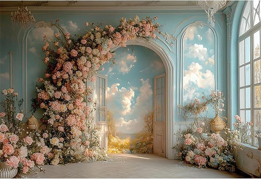 Baocicco 5x3ft Floral Wall Photography Background Romantic Style Arch Door Oil Painting Flowers Photo Background for Women Wedding Party Banner Supplies Girls Birthday Decorations Photoshoot Studio