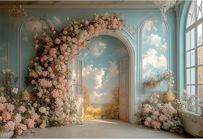 Baocicco 7x5ft Floral Wall Photography Background Romantic Style Arch Door Oil Painting Flowers Photo Background for Women Wedding Party Banner Supplies Girls Birthday Decorations Photoshoot Studio