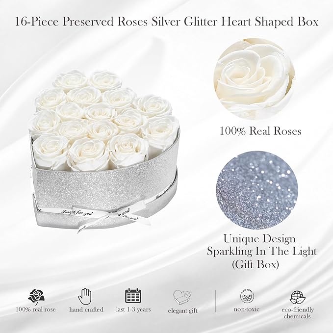 Forever Flowers for Delivery, 16 White Preserved Rose in Heart Shaped Box, Eteranl Rose on Anniversary Birthday Gifts for Women, Mother, Wife, Girlfriend，Christmas Day Gifts for Mom