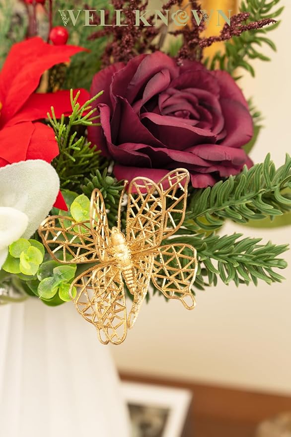 11 Pcs Artificial Christmas Flowers Bouquet Pine Branches 14" Red Poinsettias FLowers Faux Greenery Spary Stems Red Berry Pine Cones Fake Cedar Picks for DIY Crafts Tabletop Winter Home Party Decor