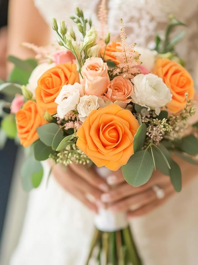 MACTING Artificial Rose Flowers 30PCS Real Touch Fake Flowers with Stem Faux Foam Roses for DIY Wedding Bouquet Table Centerpieces Party Bridal Shower Home Spring Valentines Day Decorations,Orange