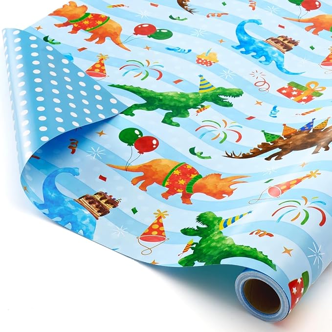 WERNNSAI Dinosaur Birthday Wrapping Paper Roll - 1 Roll 17”x 16.4 ft Blue Dinosaur Wrapping Paper for Boys Birthday Gift Packing Supply Baby Dino Decor Favor