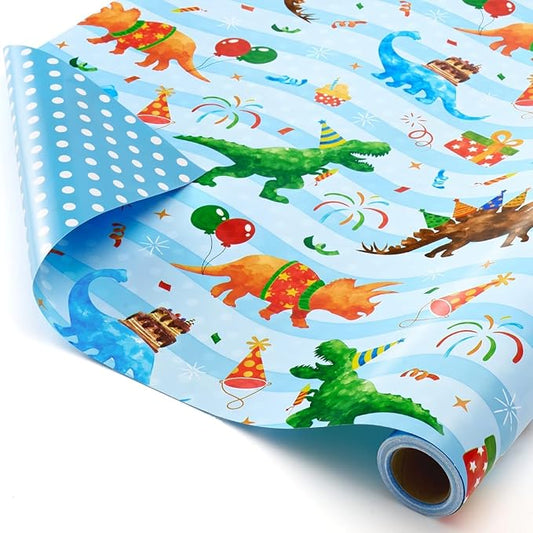 WERNNSAI Dinosaur Birthday Wrapping Paper Roll - 1 Roll 17”x 16.4 ft Blue Dinosaur Wrapping Paper for Boys Birthday Gift Packing Supply Baby Dino Decor Favor