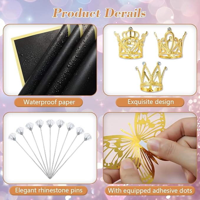 XEUZK 430Pcs Floral Wrapping Paper Kits, &120Sheet Waterproof Floral Paper, RibbonX3 Bamboo SticksX50, Tape Dispenser,Tape X2, Flower PinsX150, ButterfliesX48, CrownsX9, Greeting CardX30 for Wrapping