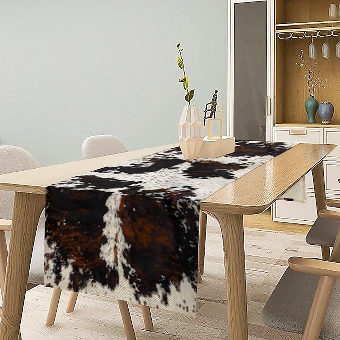 Cow Print Table Runner, Black White Cowhide Print Western Style Table Runner Country Farmhouse Cottage Cow Patten Table Decoration for Home Kitchen Dining, 13x90 Inch