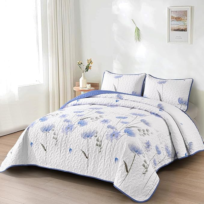 Dinjoy Floral Quilt Set Queen,Blue Bedspreads Queen Size 3 Pieces Cute Bedding Set Farmhouse Quilts Soft Flower Bedspreads White Coverlet Sets for All Season