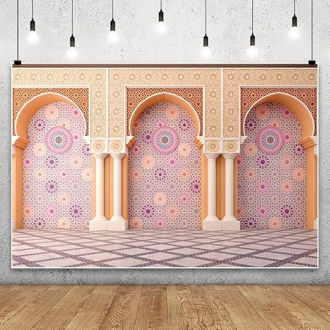 Yeele 8x4ft Bohemia Palace Backdrop Boho Style Pink Floral Wall Plaid Floor Dreamy Villa Inside Photography Background for Wedding Bridal Shower Girl Birthday Party Decor Portrait Photo Shoot Prop
