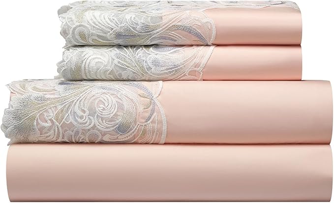 mixinni Luxury Satin Duvet Cover Set with Embroidery Lace, Silky Soft Bedding Set (1 Duvet Cover + 2 Pillowcases), Blush Pink - Elegant Bedroom Comforter Cover, Vintage Royal Style-Full Size