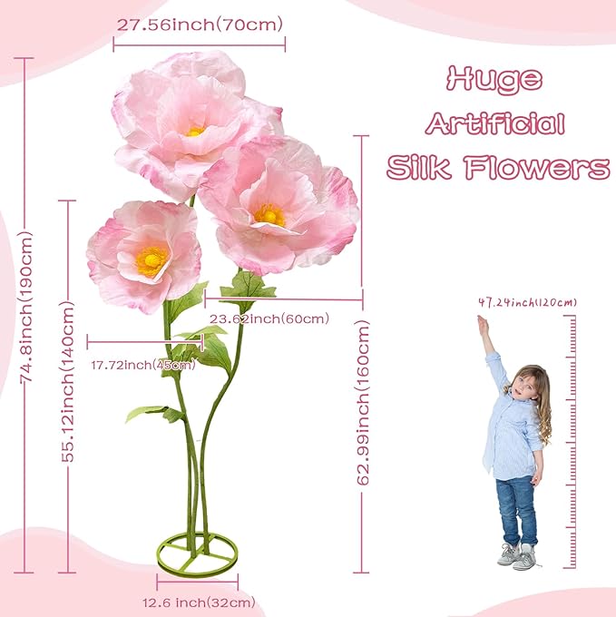 3Pcs Large Paper Fake Flower Decorations, Giant Artificial Flower Decoration with Standing Base, Big Fake Flower Bouquet 6.1Ft for Wedding Birthday Party Decor Ideal for Home and Event Decor(Pink)