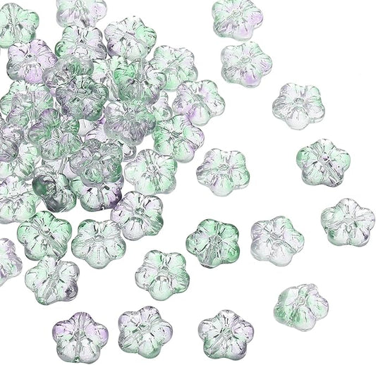 PATIKIL Random Glass Flower Beads, 50Pack Transparent Floral Beads Hibiscus Beads for DIY Jewelry Making Bracelets Bulk, Green/Purple