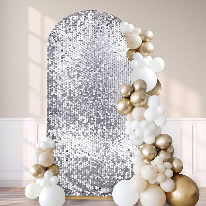 6FT Sequin Arch Backdrop Cover: Silver Big Payette Arch Covers Shimmer Fabirc Backdrop Covers for Party Christmas Deocr