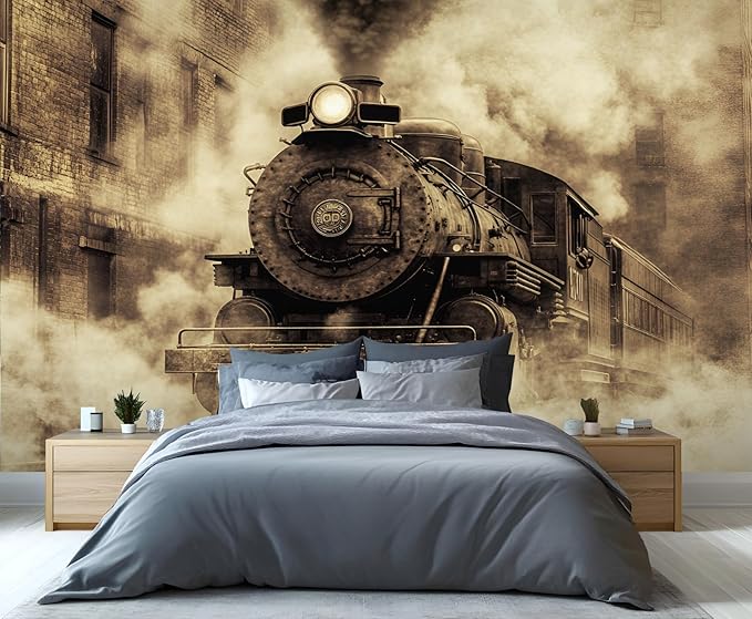 Vintage Steam Train Wall Mural, Industrial Train Engine 3D Wall Murals, Retro Railway Steam Engine Wallpaper Mural, for Living Room Bedroom Large Wallpaper Indoor Decor 59" W x39.4 H