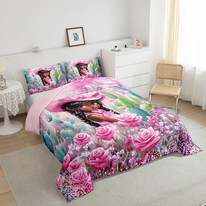 Pink Cowgirl Comforter Set Twin Size,Reversible Southwest African Style Black Bedding Set for Kids Boys Men,Western Floral Desert Cactus Sparkling Quilted Duvet Set with 1 Pillowcase